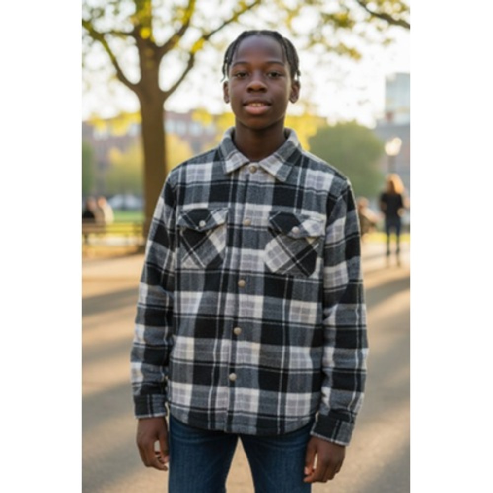 Eddie Bauer Jacket Boys 10/12 Black Gray Plaid Sherpa Lined Fleece‎ Snap Front